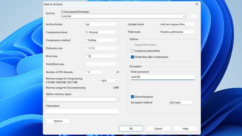 Использование 7-Zip для упаковки и шифрования папки в архив ZIP с паролем.