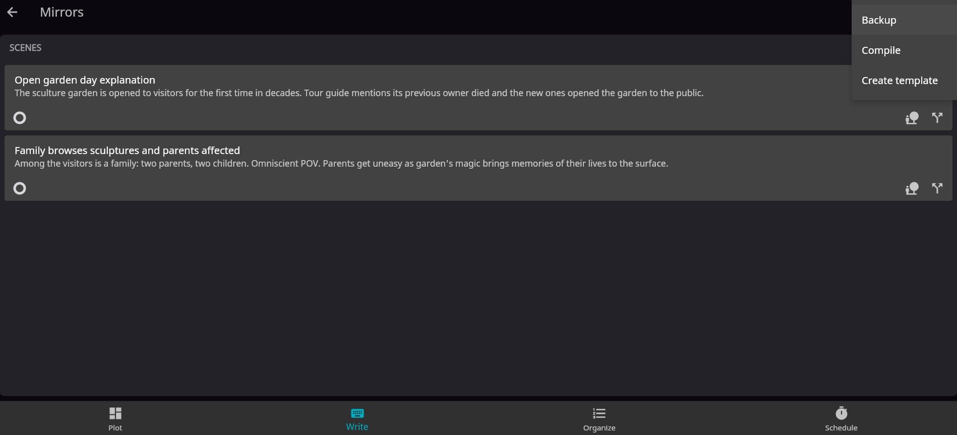 Меню бэкапа в Novelist