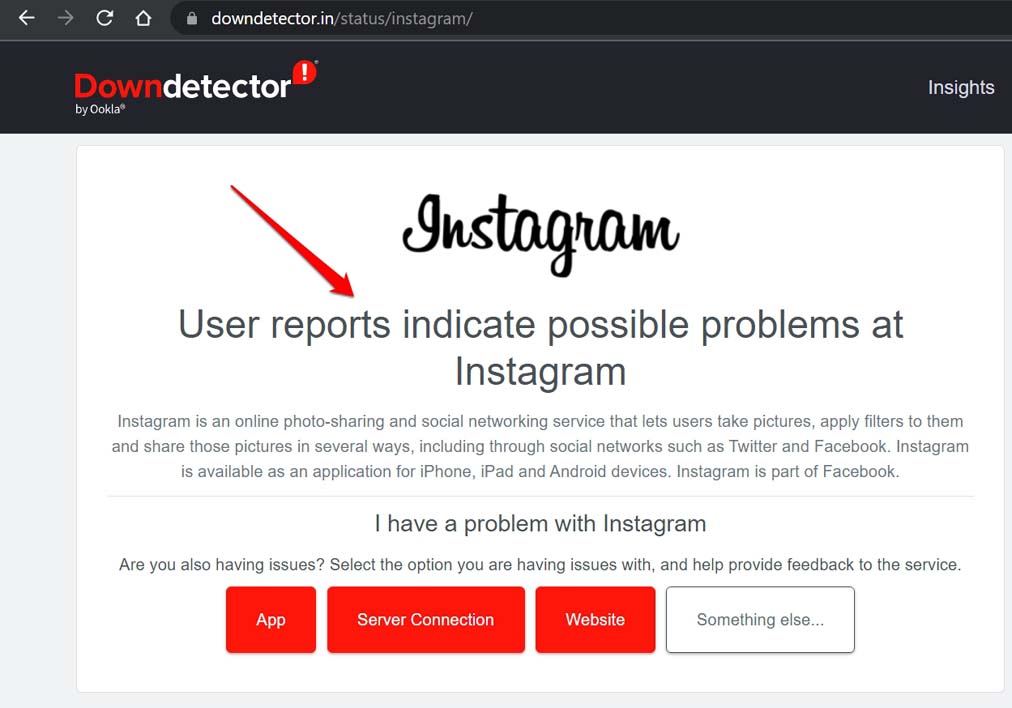 Статус Instagram на Downdetector