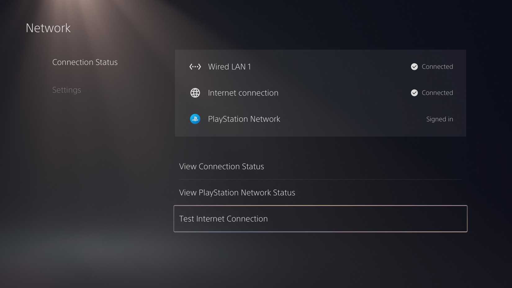 Состояние сетевого подключения PS5