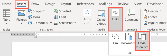 Выберите Ссылки, Перекрёстная ссылка