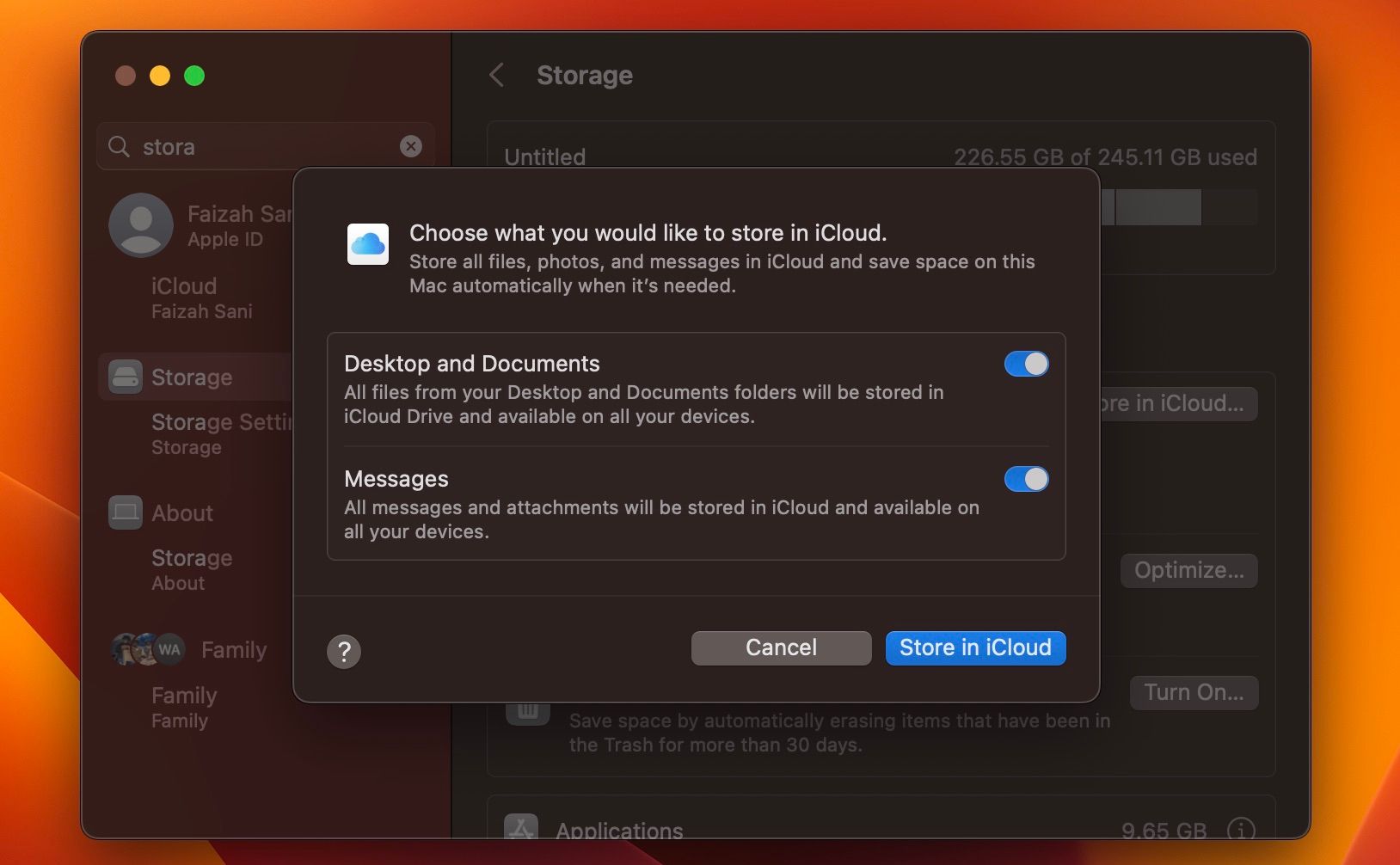 Подсказка «Хранить в iCloud» в разделе Хранилища системных настроек