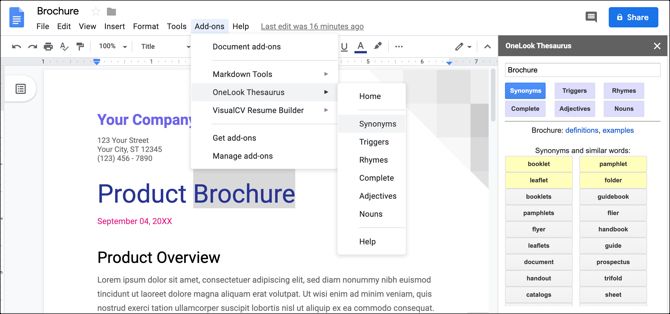 Результаты OneLook Thesaurus в боковой панели Google Docs