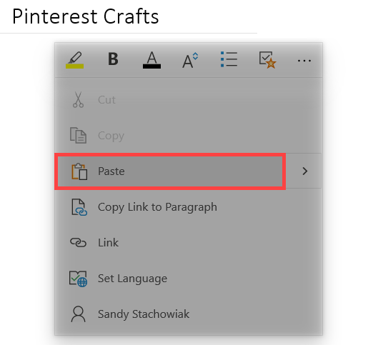 Вставка URL пина Pinterest в OneNote через контекстное меню.