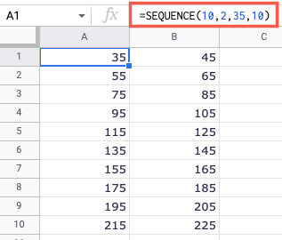 Формула SEQUENCE с аргументом увеличения