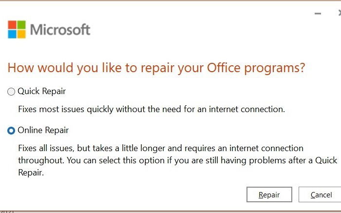 Выбор Online Repair для Microsoft Office