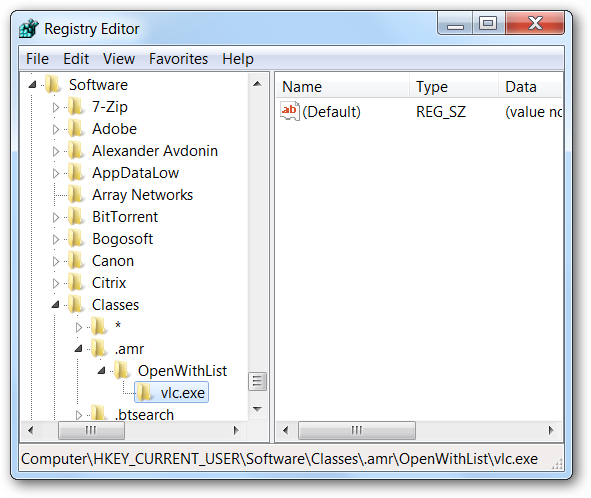 Создайте ключи .amr → OpenWithList → vlc.exe в реестре