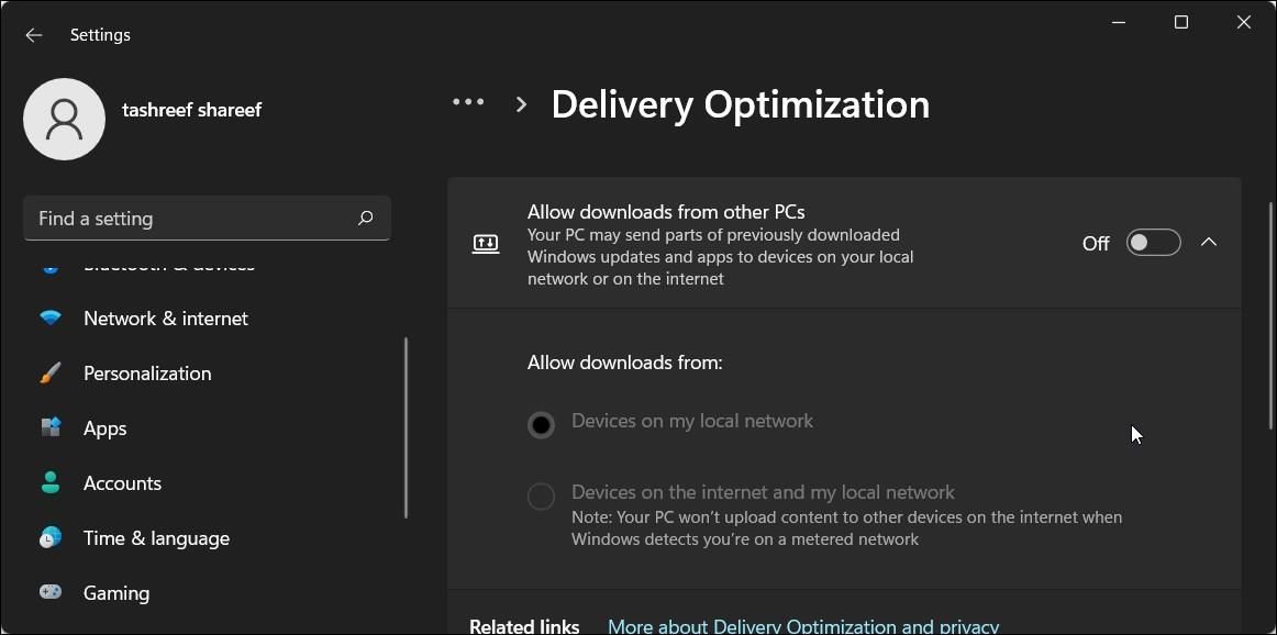 Отключение Delivery Optimization в параметрах Windows 11