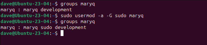 Добавление maryq в группу sudo с помощью usermod — проверка groups
