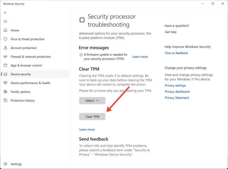 Кнопка Clear TPM в интерфейсе Windows Security.