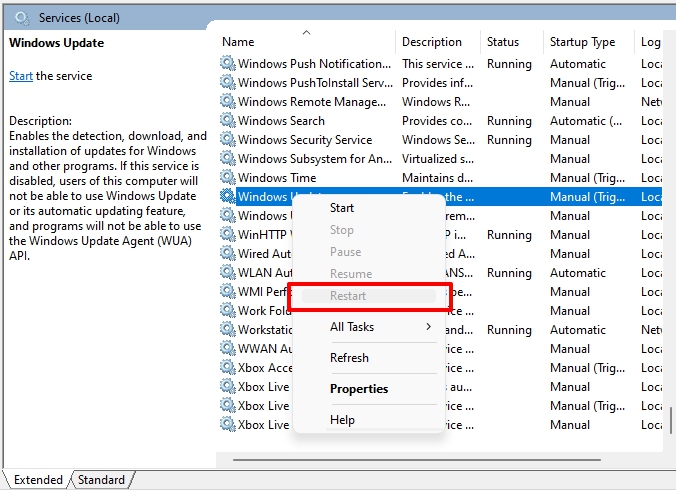 Перезапуск службы Windows Update