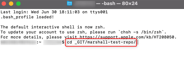 Использование команды cd для перехода в папку репозитория