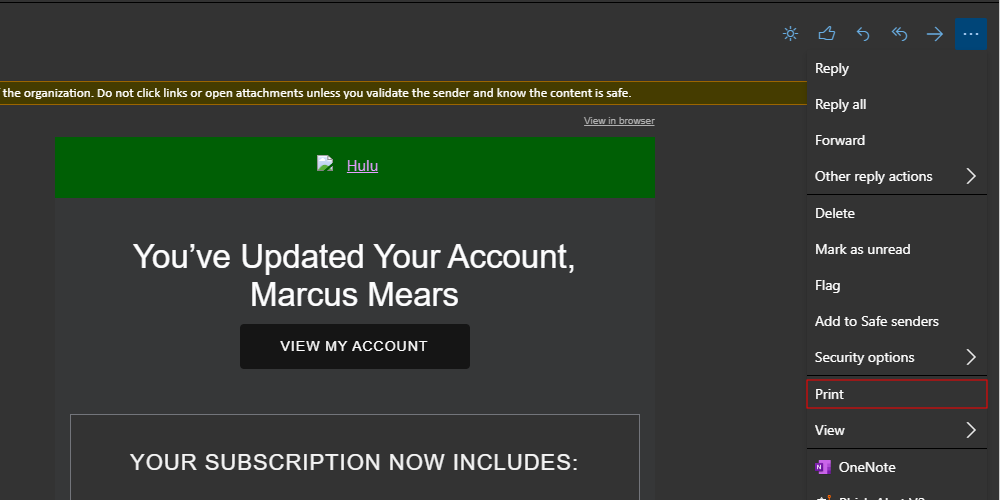 Кнопка 'Дополнительные действия' и пункт 'Печать' в Outlook