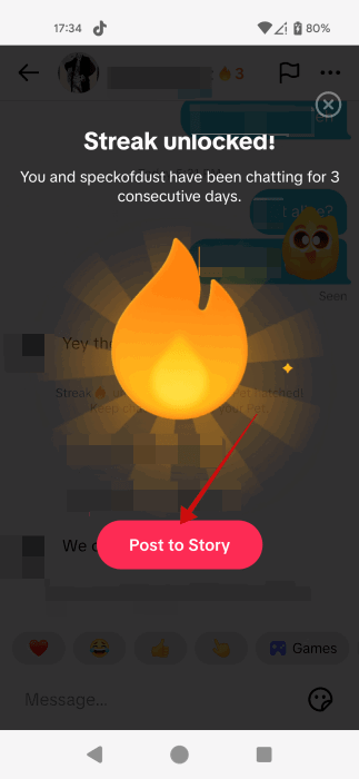 Notificación de racha desbloqueada en TikTok