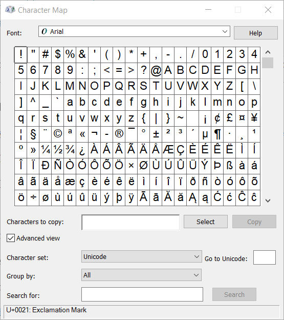 Окно таблицы символов Windows с выделенным em dash