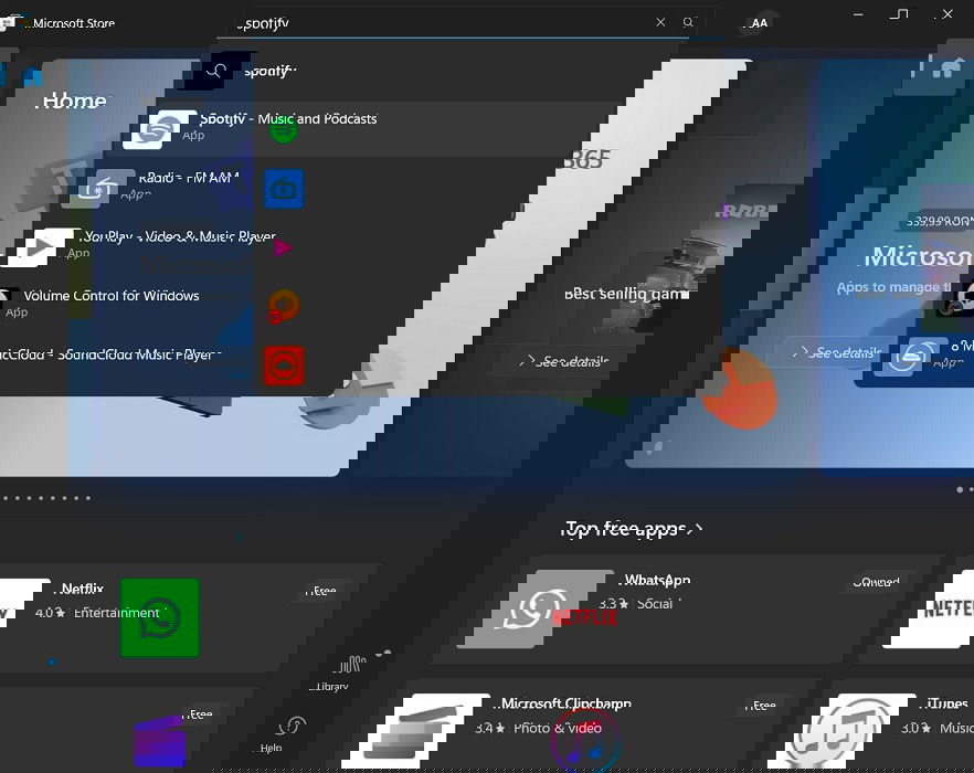 Поиск приложения Spotify в Microsoft Store