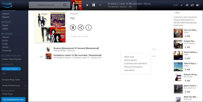 Опции трека в плейлисте Amazon Music