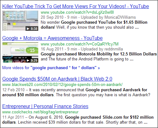 Скриншот: пример использования подстановочного символа для поиска шаблонов фраз