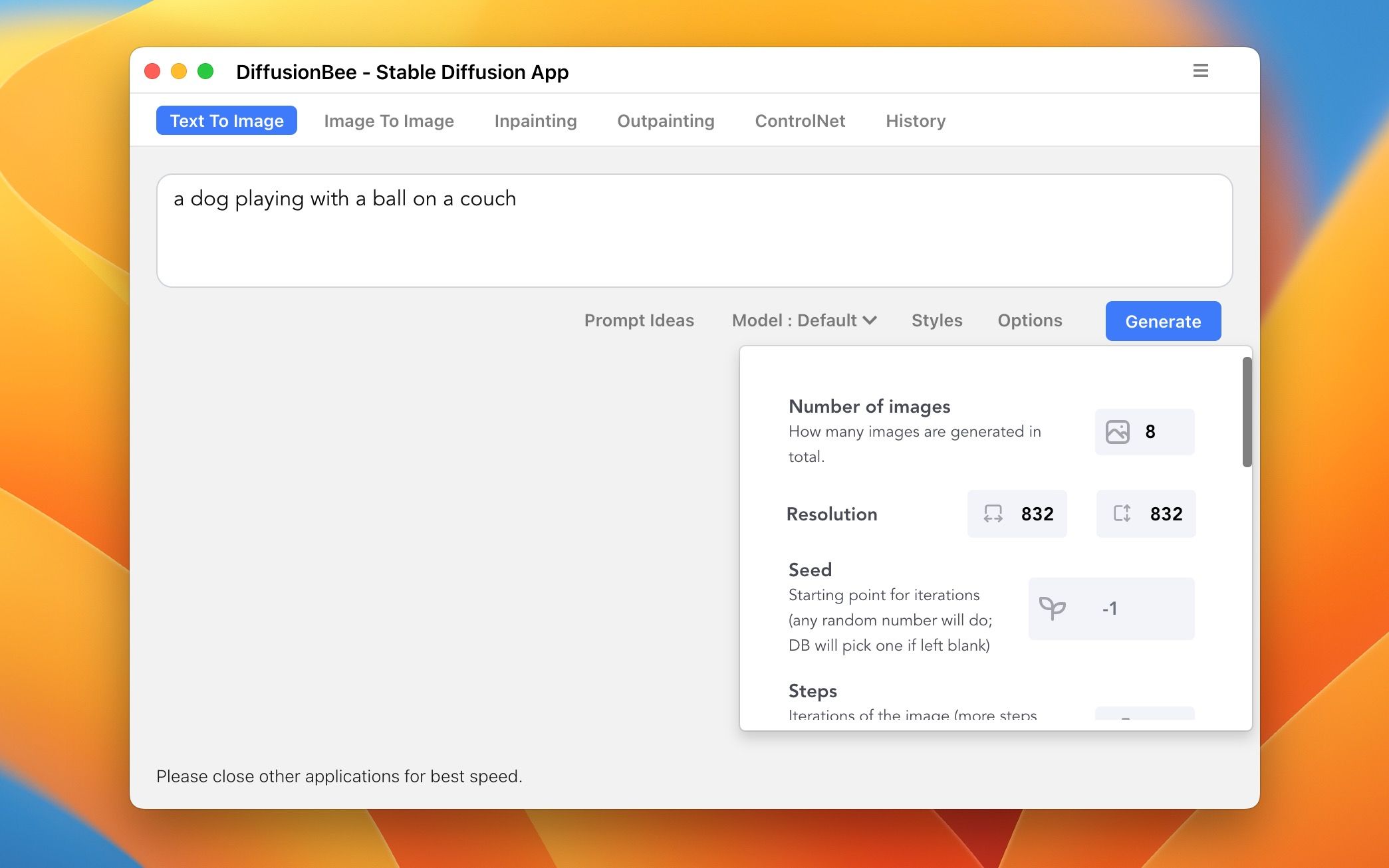 Выберите Options, чтобы изменить число изображений и их разрешение в DiffusionBee