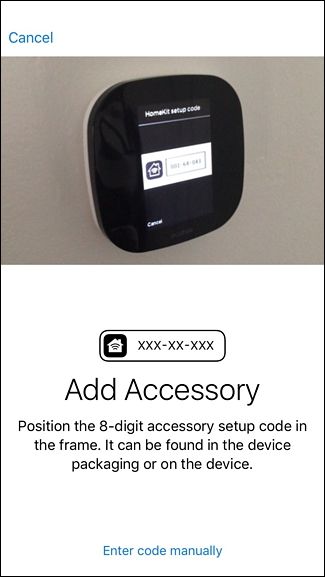 Экран термостата с HomeKit-кодом для сканирования через iPhone.