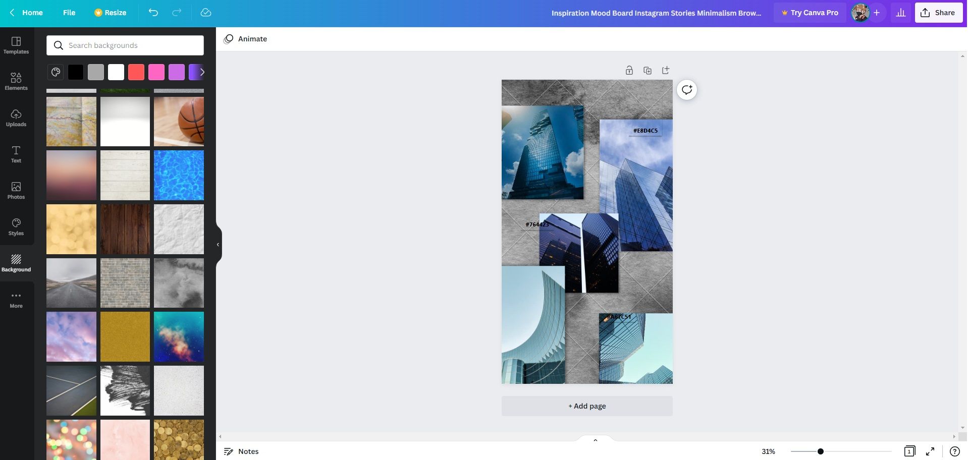 Шаблон доски настроения в Canva с высотными синими зданиями