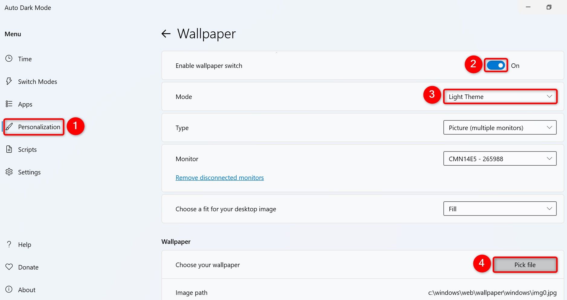 Опции персонализации в Auto Dark Mode выделены