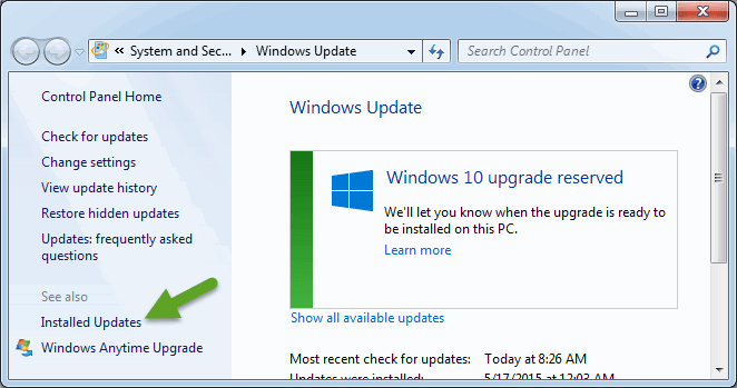 Список установленных обновлений в Windows Update