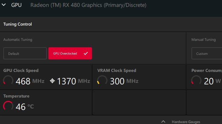 Overclocking settings for a Radeon GPU