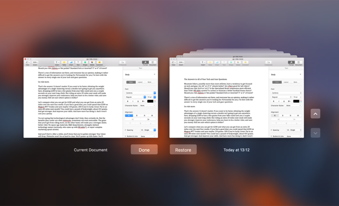 Браузер версий iWork с миниатюрами и стрелками навигации
