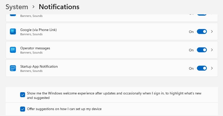 The Startup App Notification in settings