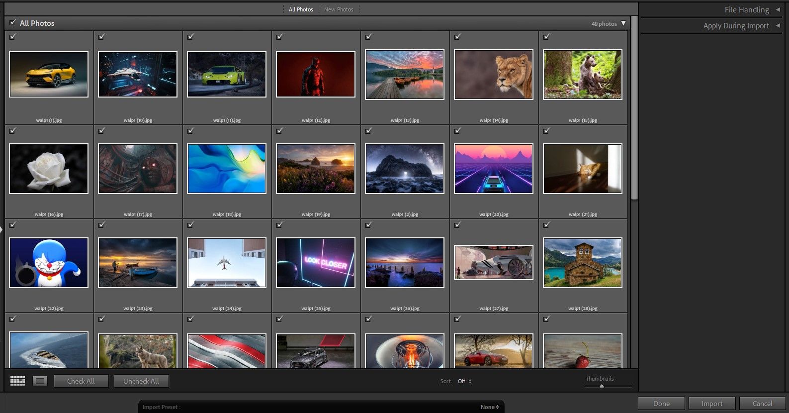 Импорт фотографий в Adobe Lightroom, диалог выбора файлов