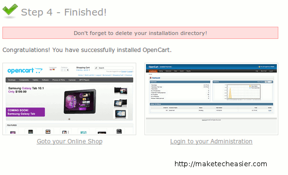 Страница успешной установки OpenCart
