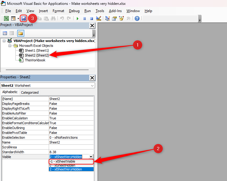 Лист Sheet2 выбран в Project Explorer и в окне Properties установлено xlSheetVisible.