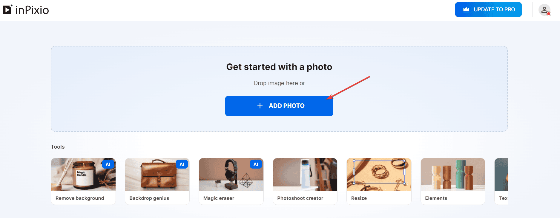 Пример интерфейса с кнопкой добавления фото в inPixio