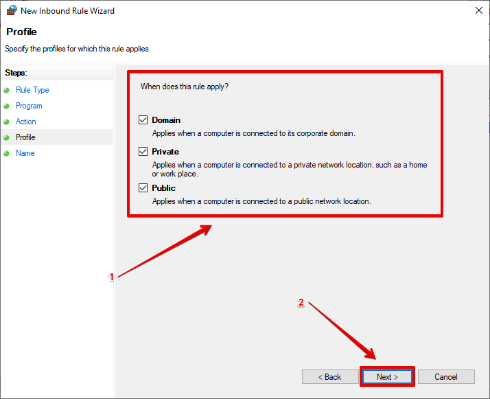 Выбор профилей сети для правила