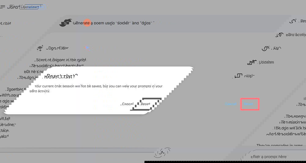 Confirm Reset activity on Bard.