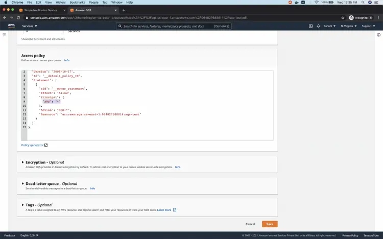 Редактирование политики SQS, пример замены Principal на *