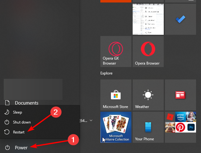 Меню 'Пуск' с кнопкой питания — удержание Shift и перезагрузка