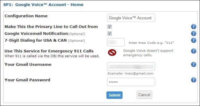 OBi — окно подтверждения связи с Google Voice