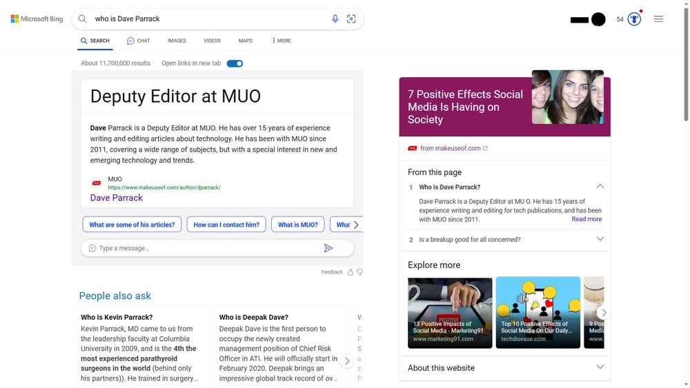 Результат поиска Bing с AI-панелью