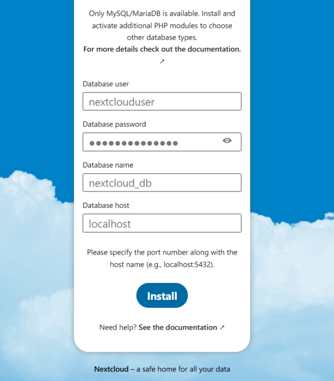 Заполнение данных базы в веб-инсталляторе Nextcloud