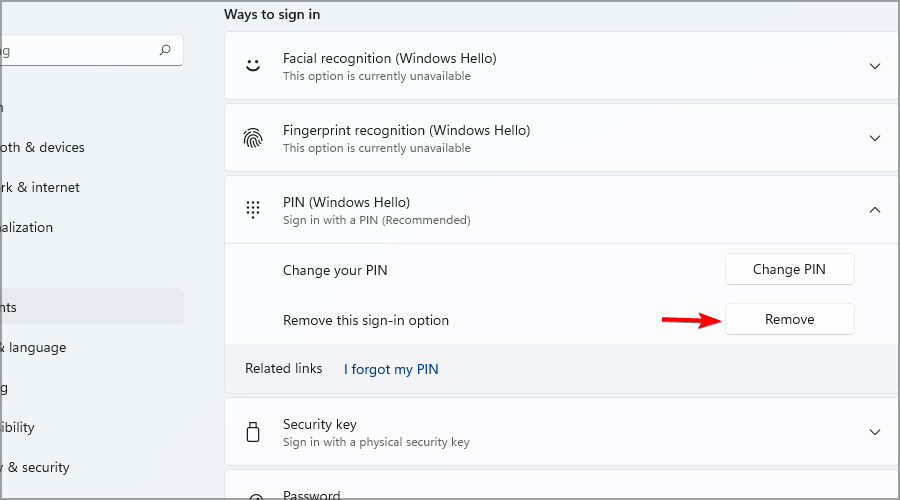 Rimuovere PIN dalle opzioni di accesso