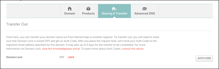 Инструкция в панели Namecheap: опция «Sharing & Transfer» для разблокировки домена