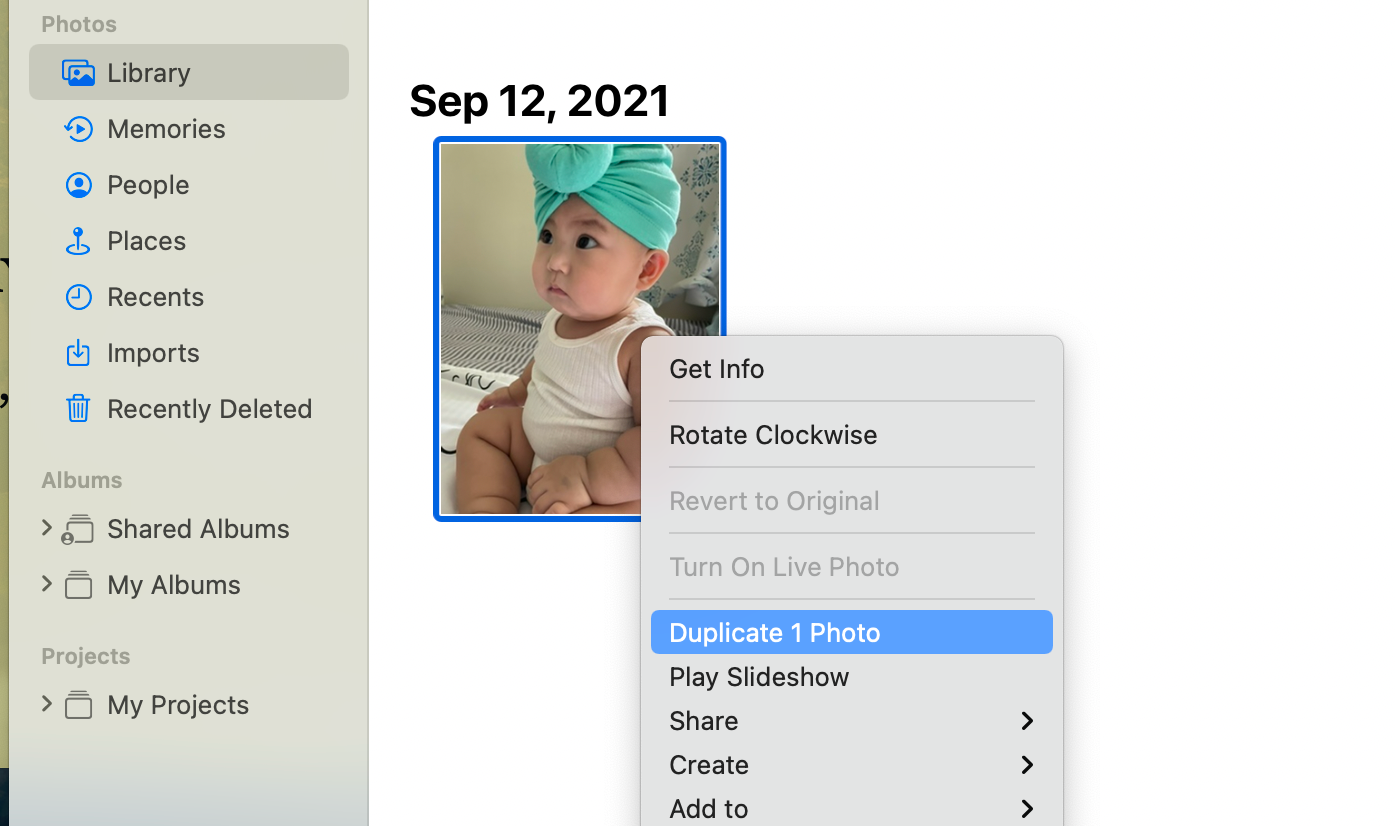 Дублирование фото в приложении Фото на Mac