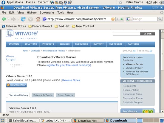 Страница скачивания VMware Server на сайте VMware