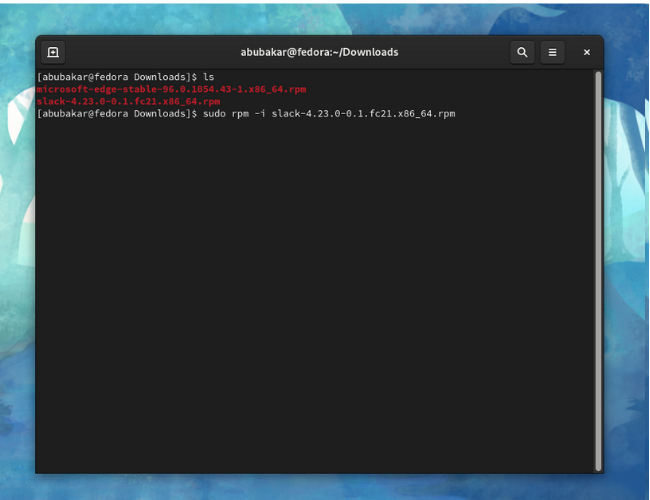 Ввод команды rpm для установки Slack в терминале