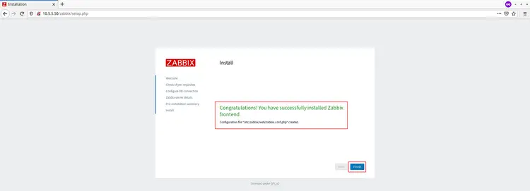 Успешная установка Zabbix