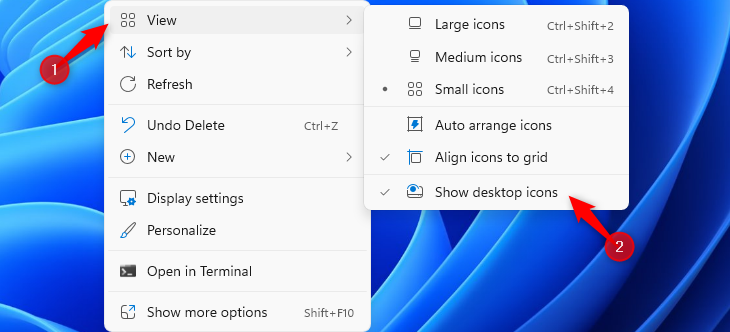 Нажмите Вид → Показать значки на рабочем столе, чтобы скрыть или показать их.