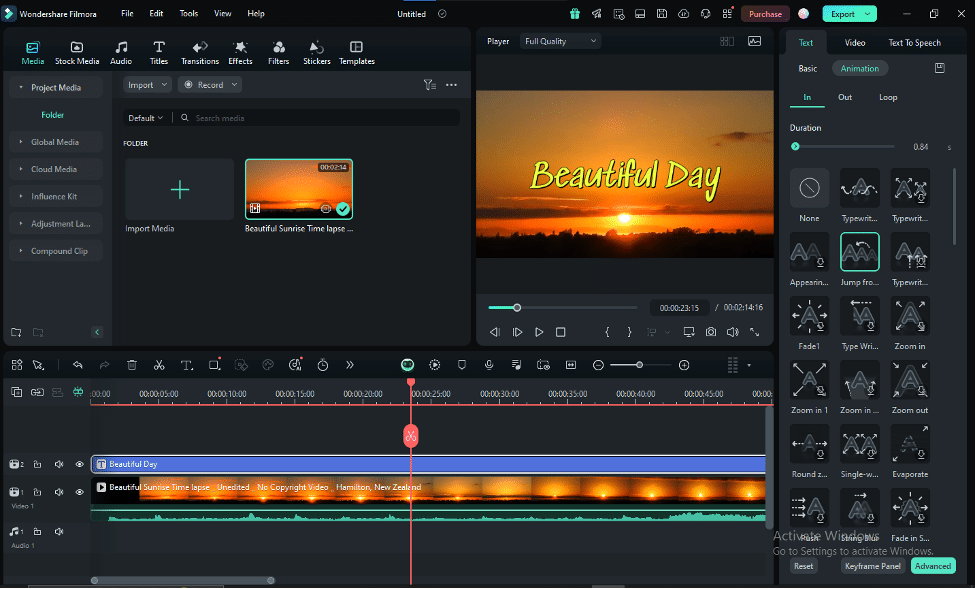 Выбор анимации текста в Filmora