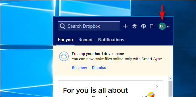 Click on Avatar in Dropbox on Windows